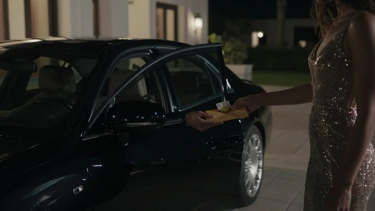 A discreet cash handoff outside a luxury villa at night, figures in silhouette under soft light.