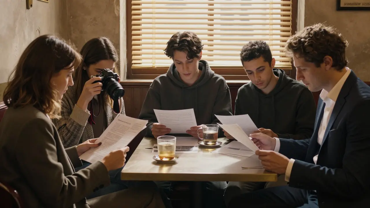 A discreet group of independent workers sharing safety tips in a quiet Milan café, faces partially obscured.