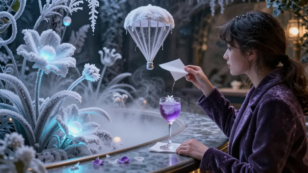 A frosty winter garden bar with glowing ice sculptures and a cocktail dissolving into lavender syrup.