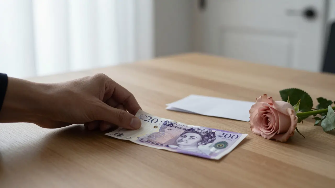 A £200 note and a rose lie on a table as a door closes in the background, symbolizing the end of a paid encounter.