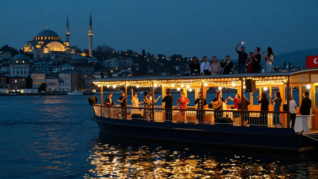 A glowing boat on the Bosphorus at night, people dancing under fairy lights with mosque domes reflected in the water.