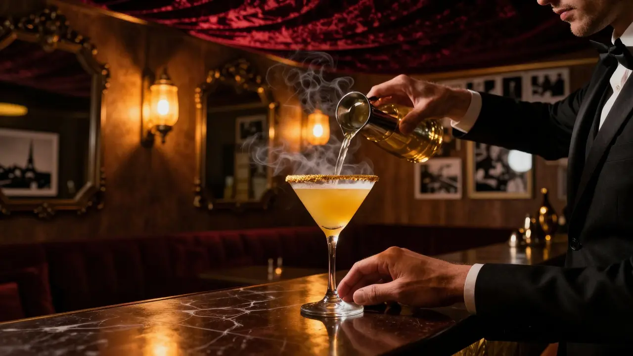 A golden-rimmed martini is poured in Opium’s dim, velvet-lined lounge with warm lantern light and vintage mirrors.
