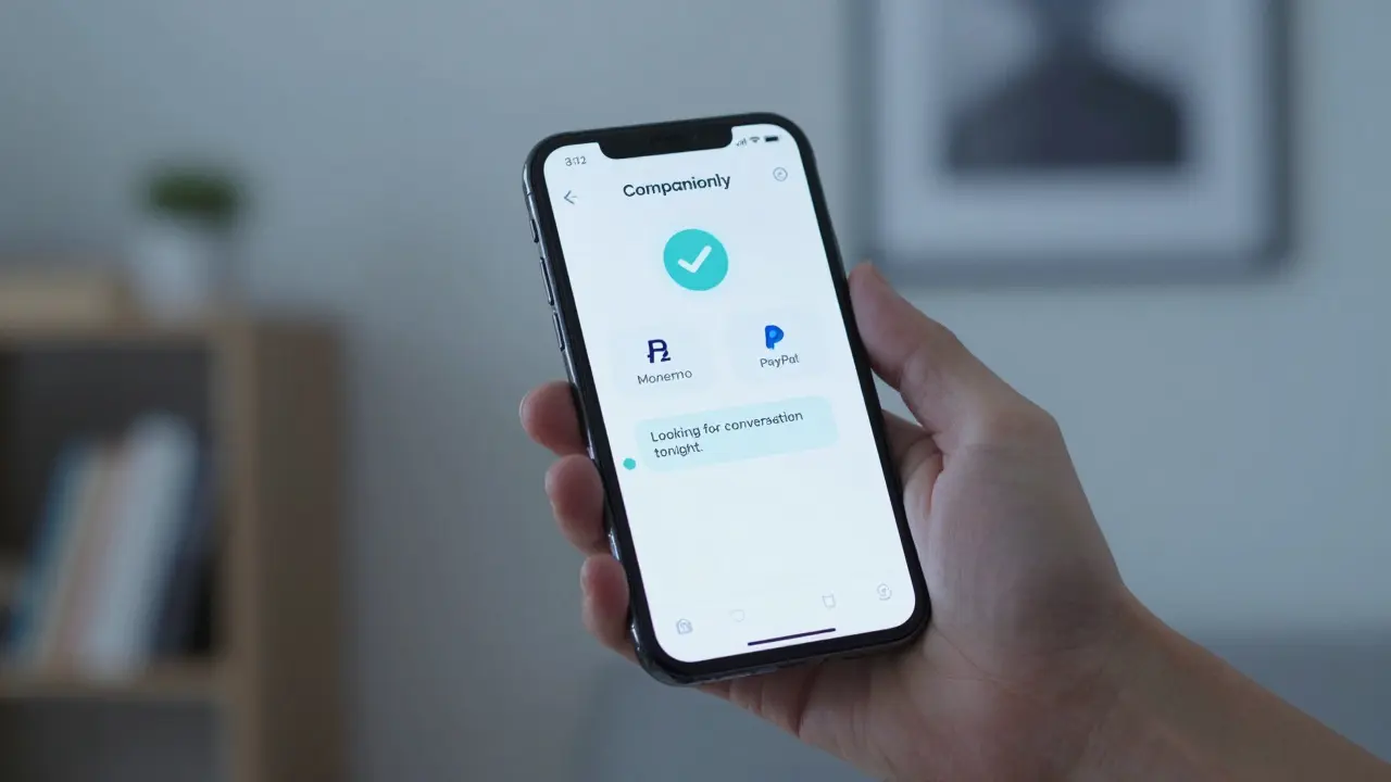 A hand holding a smartphone showing a secure escort platform with crypto payment options and verified client message.