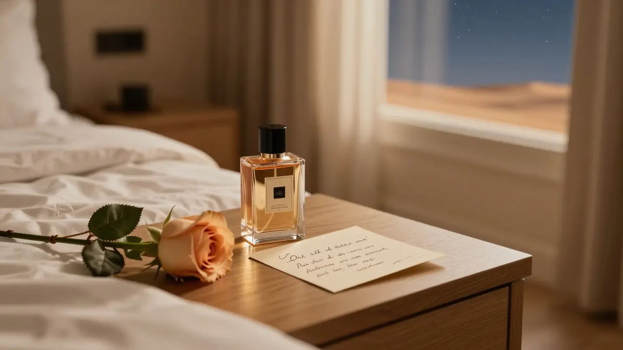 A handwritten note and perfume bottle on a nightstand with a rose, symbolizing a meaningful, respectful encounter.