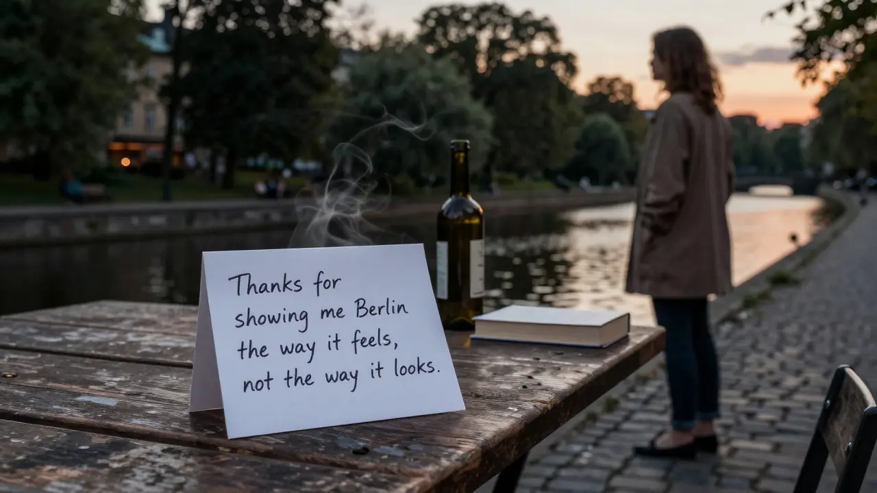 A handwritten note lies on a park table beside wine and a book, as a woman stands gazing at the canal at dusk.