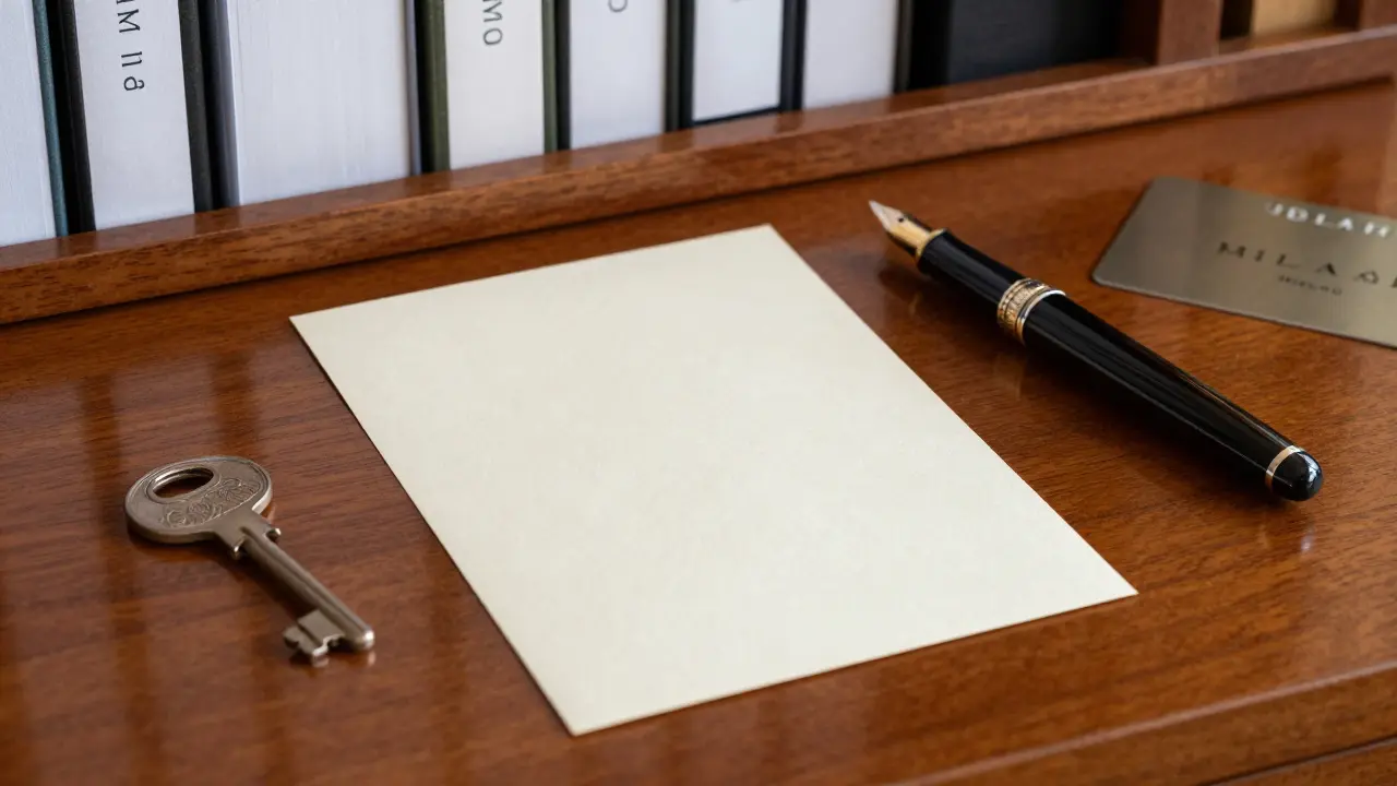 A handwritten note rests on a mahogany desk beside a luxury hotel keycard, symbolizing discreet companionship.