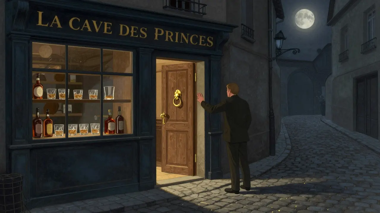 A hidden underground lounge behind a bakery, with a wooden door and a single sliver of warm light.