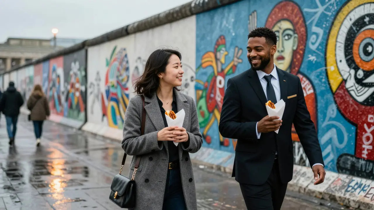 A Japanese visitor and an escort walk along the East Side Gallery, enjoying currywurst and conversation in Berlin.