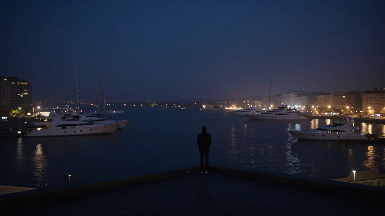 A lone figure on a rooftop overlooking Monaco&#039;s harbor at night, yachts glowing like stars on dark water.