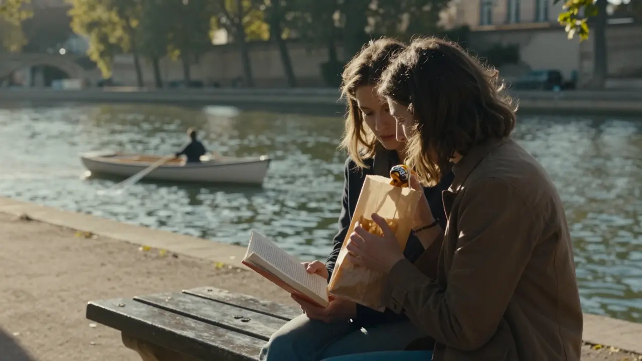 A man and woman share pastries on a Seine bench at sunrise, reading poetry as the river reflects the morning light.