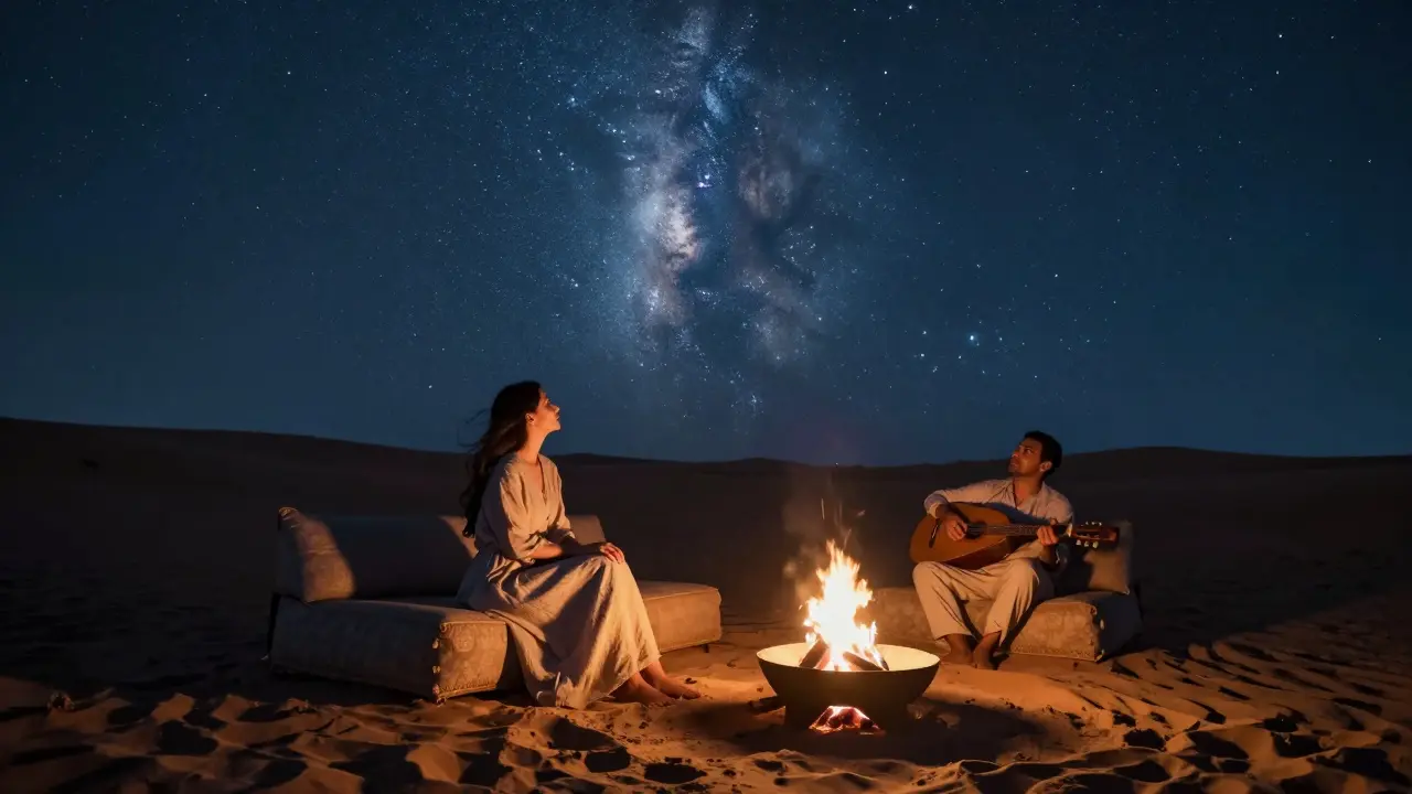 A man and woman sit peacefully by a desert fire under a vast starry sky, with oud music in the distance.