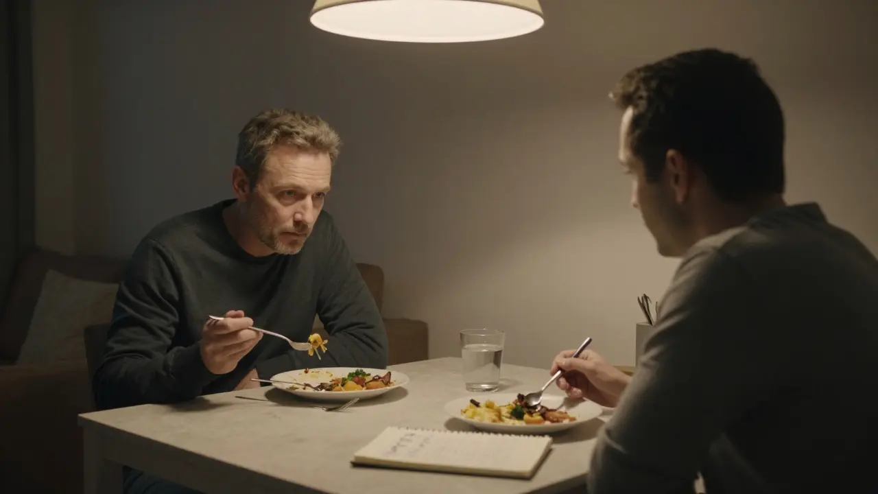 A man and woman sit quietly at a dining table, sharing a meal without words in a cozy London home.