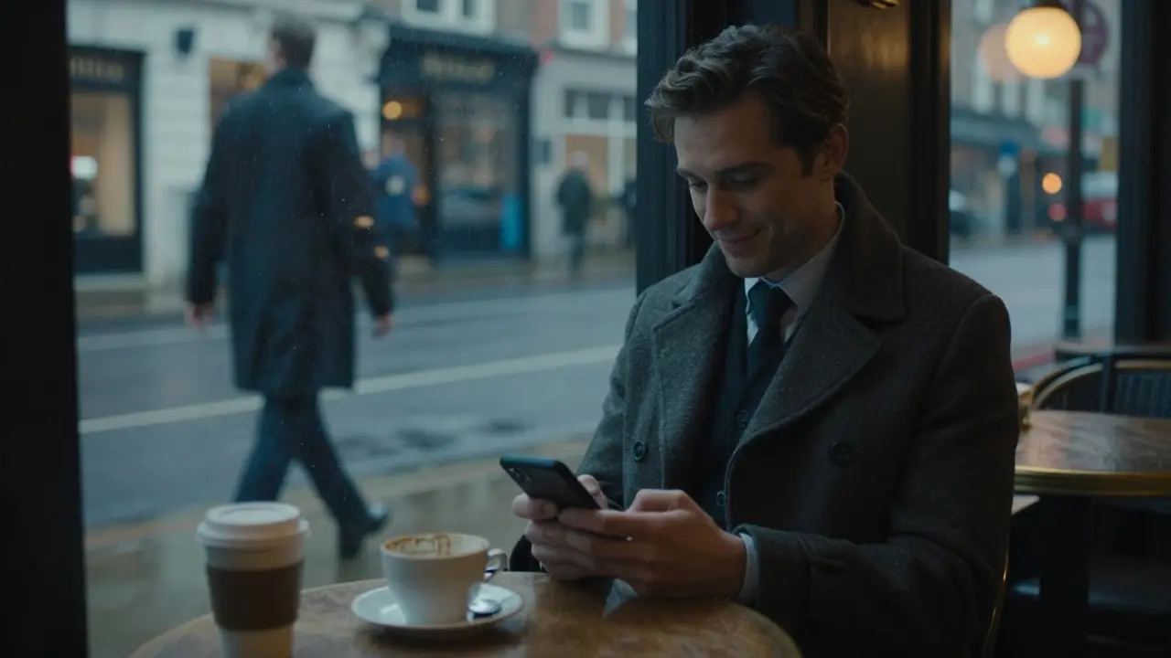 A man sits alone in a café, staring at his phone while an escort walks away in the rainy street reflection.