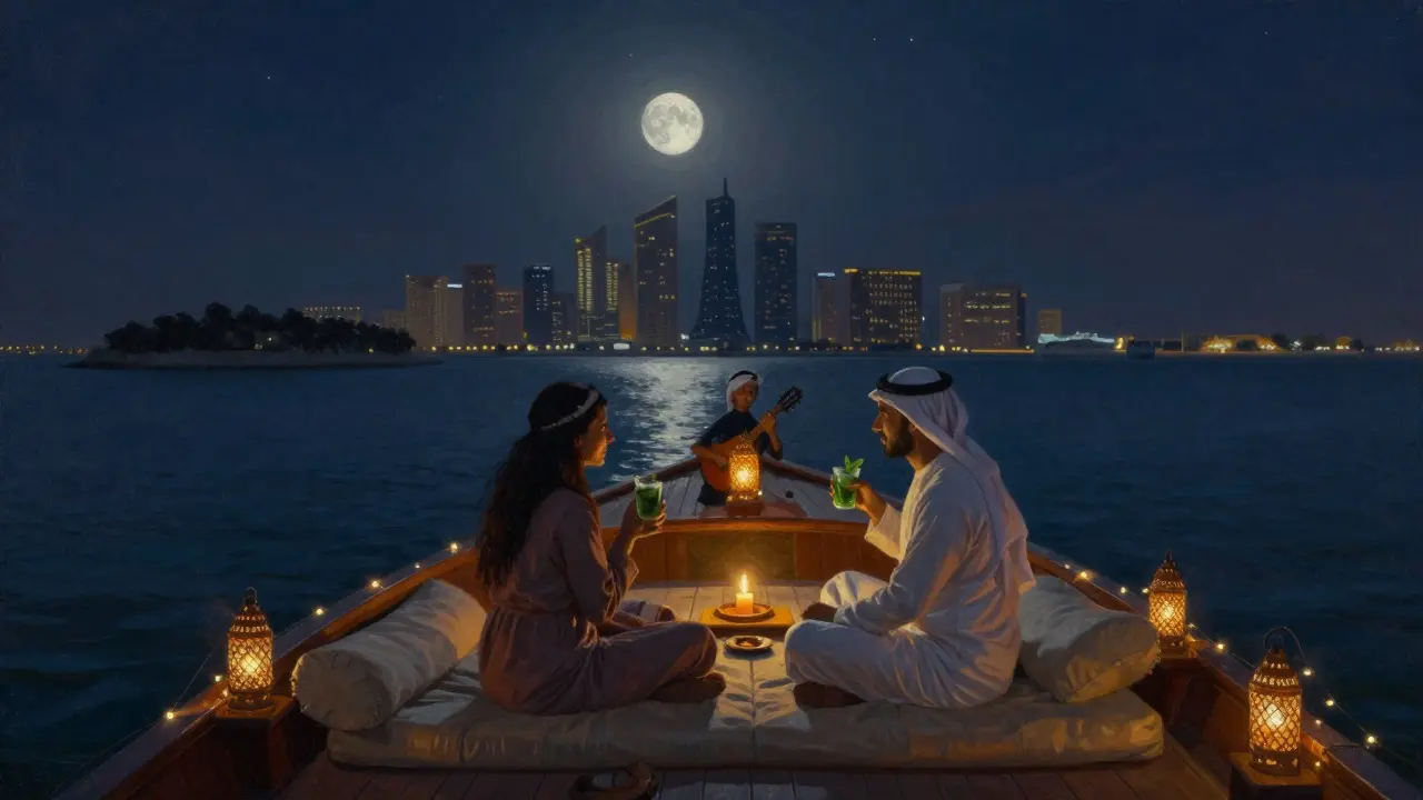 A private dhow cruise at midnight with lanterns, moonlight, and city lights glowing on the water.