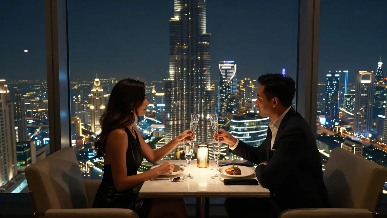 A private dinner on the 122nd floor of Burj Khalifa with a breathtaking city skyline view.