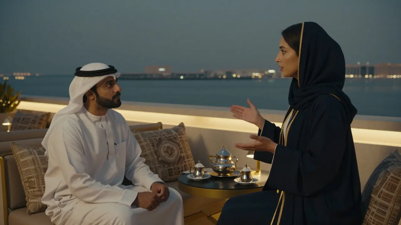 A professional companion shows a traveler a hidden rooftop lounge with panoramic Gulf views.