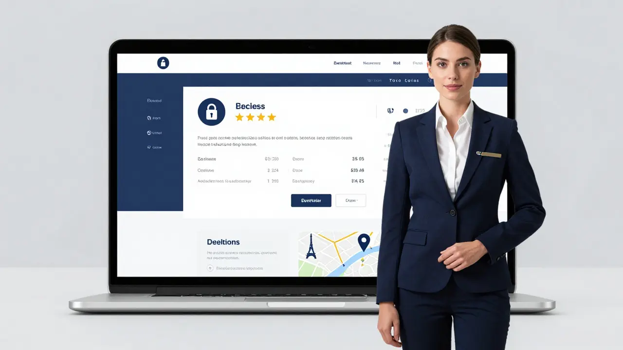 A professional escort beside a clean, trustworthy escort service website interface on a laptop.