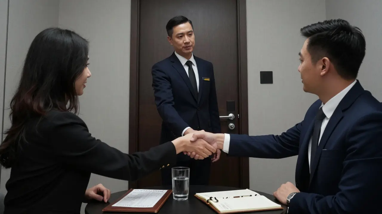 A professional meeting between client and escort in a hotel room, focused on discretion.