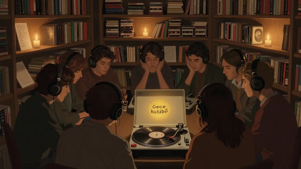 A quiet circle of listeners in a hidden room, wearing headphones and sharing a vintage vinyl record by candlelight.