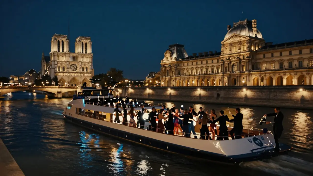 A quiet nighttime river cruise gliding past illuminated Paris landmarks, guests dancing softly under string lights.