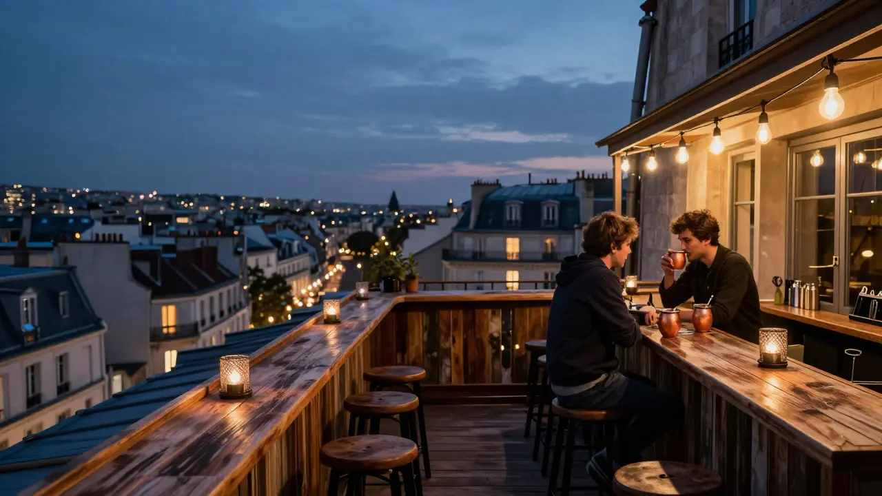 A quiet rooftop bar in Paris at dusk, with string lights and city lights in the distance, a person enjoying a drink in silhouette.