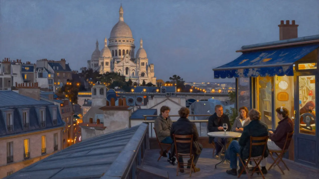 A quiet rooftop terrace in Paris at dusk with city lights glowing in the distance.