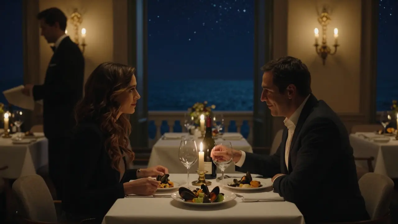 A romantic dinner at Le Chantecler with candlelight, fine dining, and a view of the Mediterranean night.