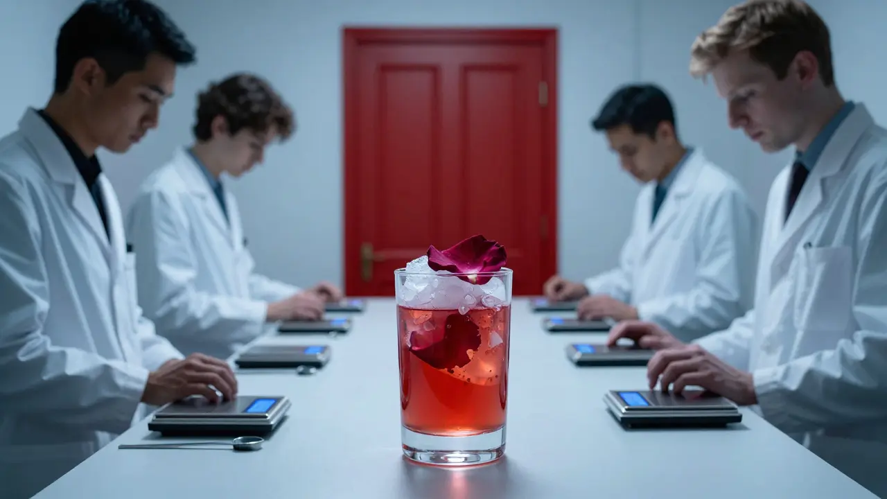A scientific cocktail bar with lab equipment, where a frozen rose petal dissolves in a dark drink under precise lighting.