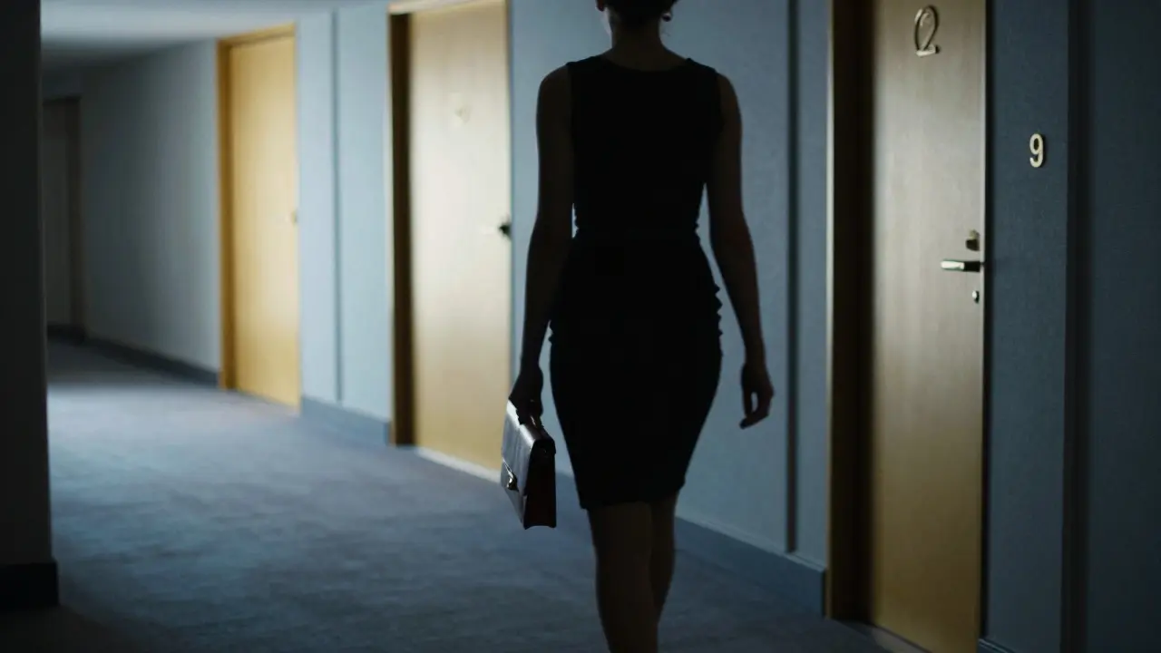 A shadowy figure walks alone through a luxury hotel corridor at dawn, conveying secrecy and solitude.