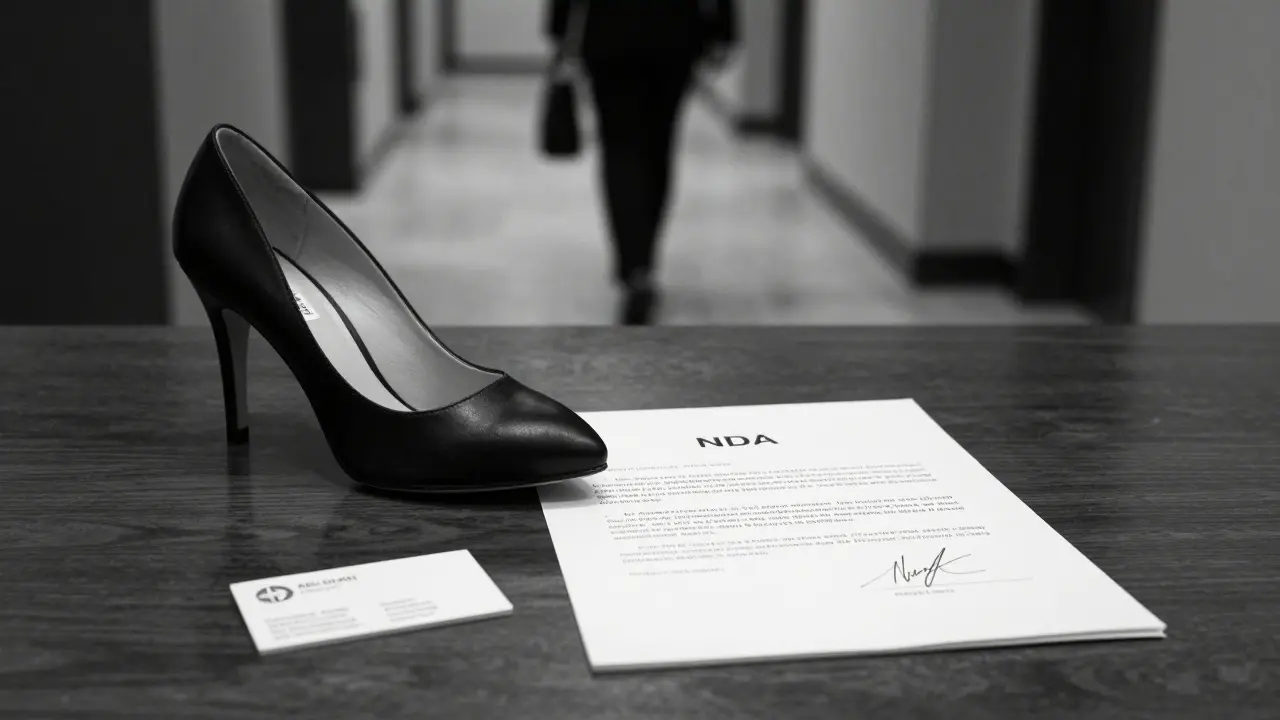 A single high-heeled shoe beside a signed agreement and agency card on a wooden desk, no faces visible.