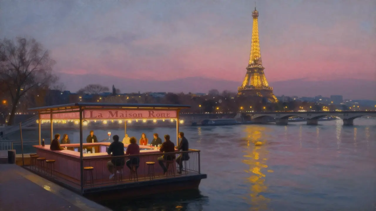 A small floating bar under a bridge as the Eiffel Tower sparkles, patrons silently watching the light show.