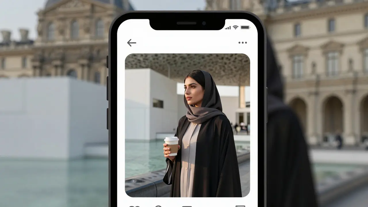 A smartphone displaying a discreet Instagram profile with elegant photos of a woman near Abu Dhabi&#039;s cultural landmarks.