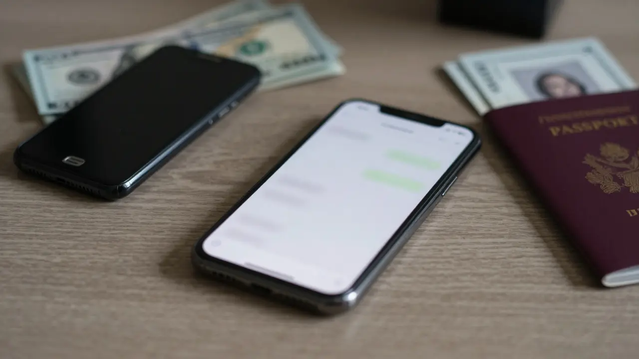 A smartphone with encrypted messages lies beside cash and an open passport on a hotel room table.