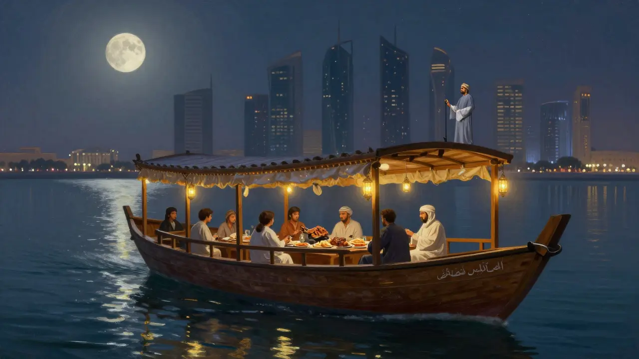 A traditional dhow boat sailing at night with diners under stars and city lights reflecting on water.