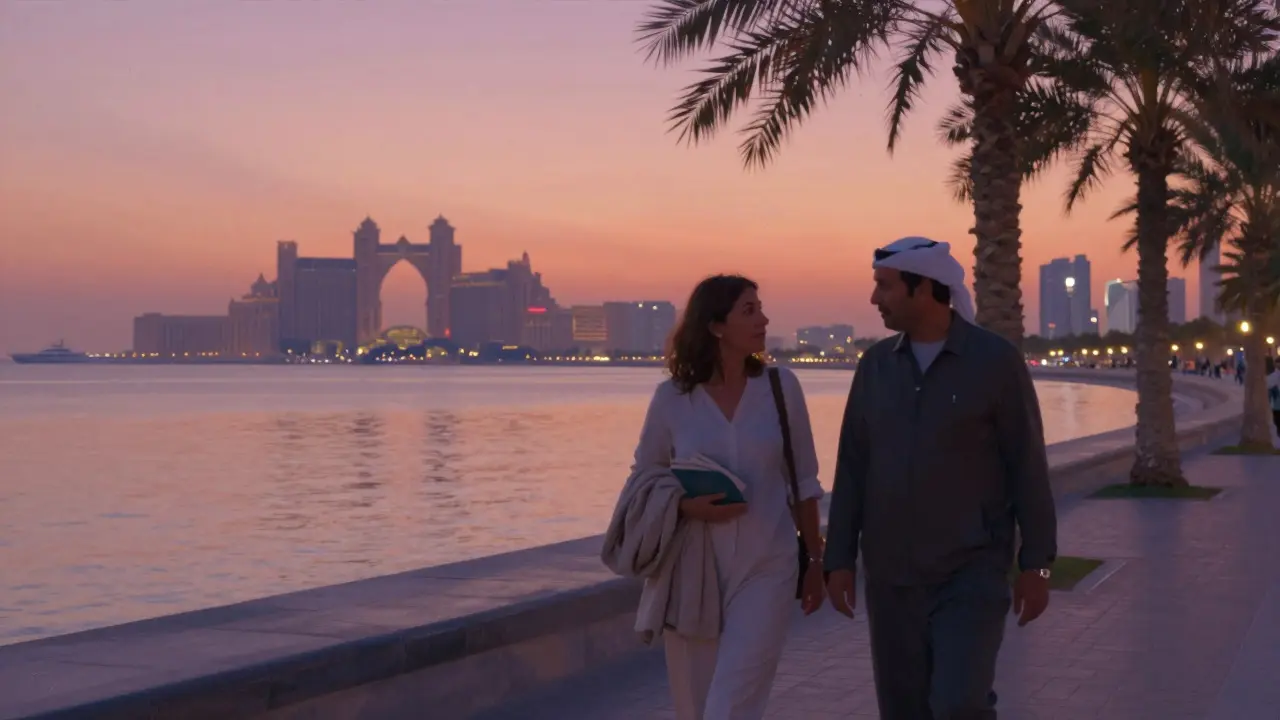 A traveler and companion walking along the Corniche at sunset, engaged in quiet conversation.