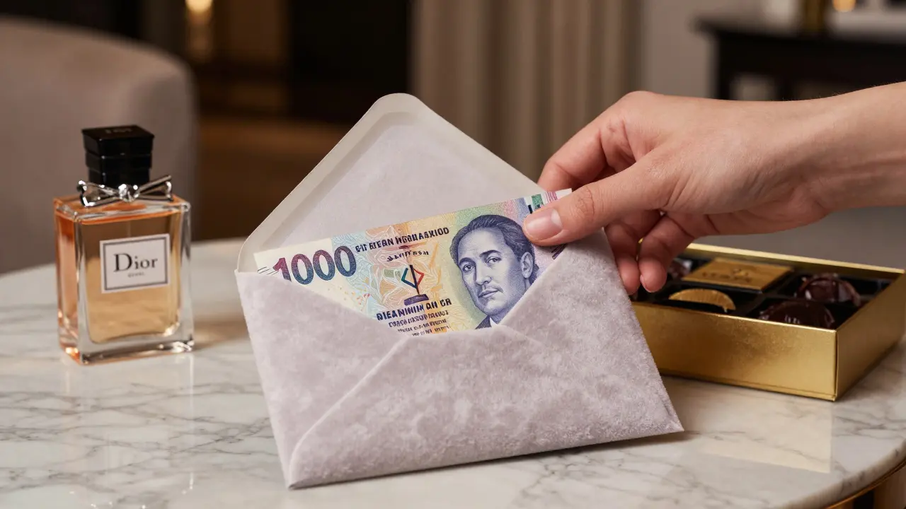 A velvet envelope with a 1,000 AED note rests beside perfume and chocolates on marble.