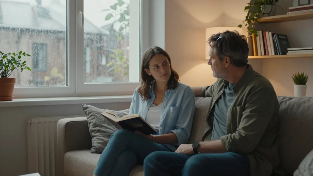 A woman and man sit calmly on a sofa in a Berlin apartment, sharing a peaceful, non-romantic moment.