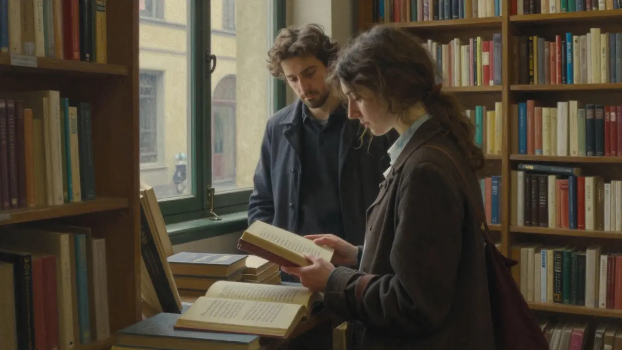 A woman browses poetry in a quiet Milan bookshop, a man watches respectfully from behind.
