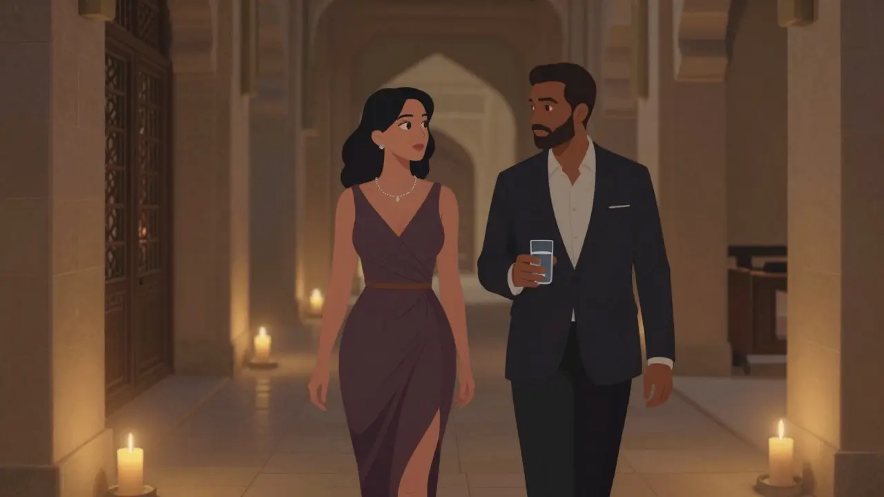 A woman in an elegant gown walking beside a man through the lit corridors of Qasr Al Watan at night.