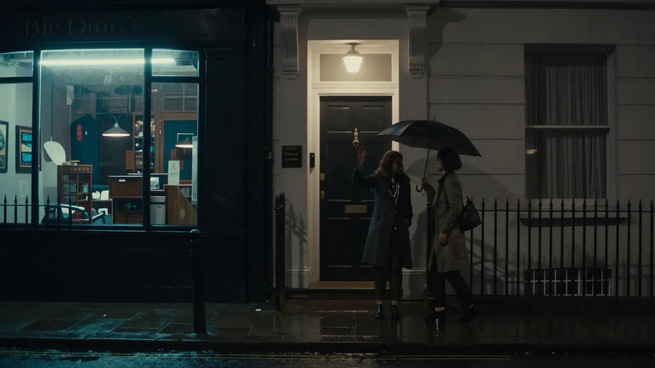 A woman leaving a private residence in Notting Hill at night, greeted by a client with an umbrella under soft neon light.