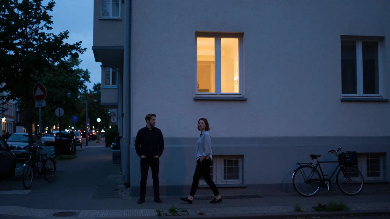 A woman leaving an apartment in Neukölln at dusk, meeting someone on the sidewalk.