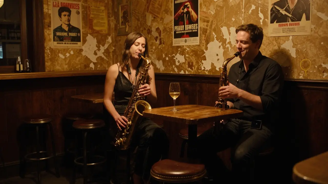 A woman listens to live jazz in a small, dimly lit Berlin bar, her companion watching her with quiet attention.