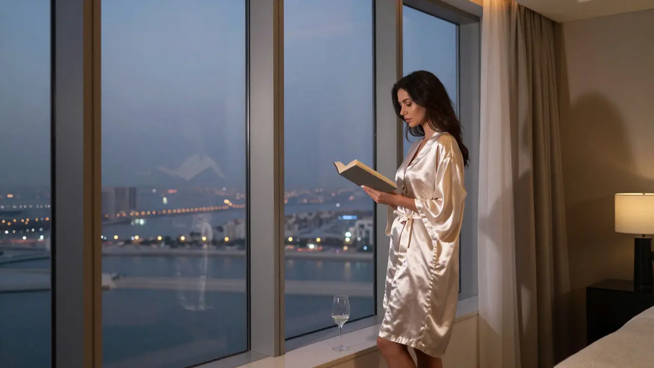 A woman standing by a window in a luxurious apartment, book in hand, city lights glowing softly outside.