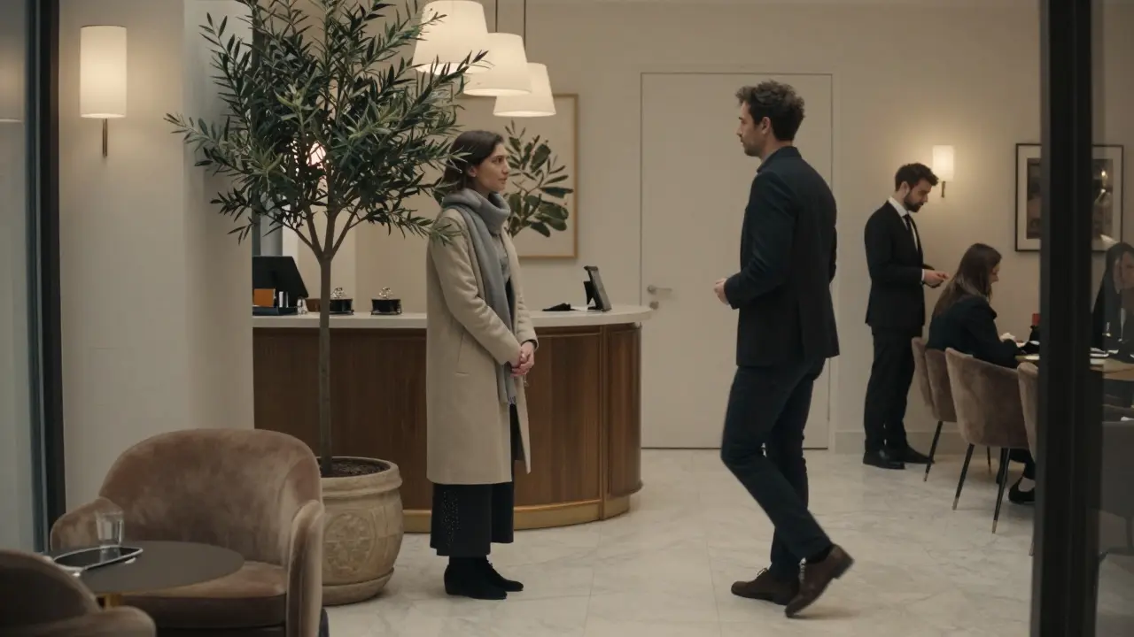 A woman waits calmly in a luxury hotel lobby, meeting a companion with quiet mutual understanding.
