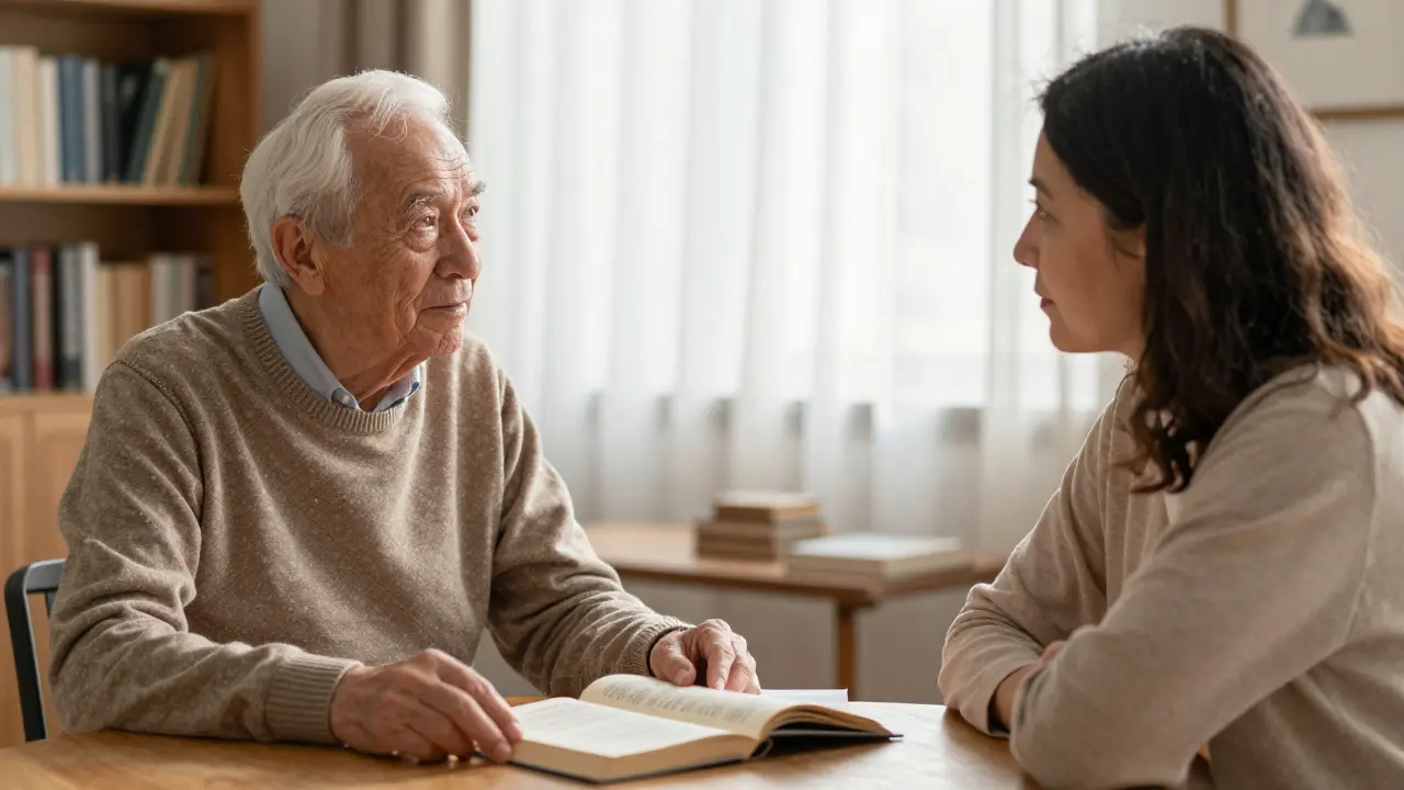 An elderly man and a compassionate woman sit in silence in a book-filled apartment, bathed in soft afternoon light.