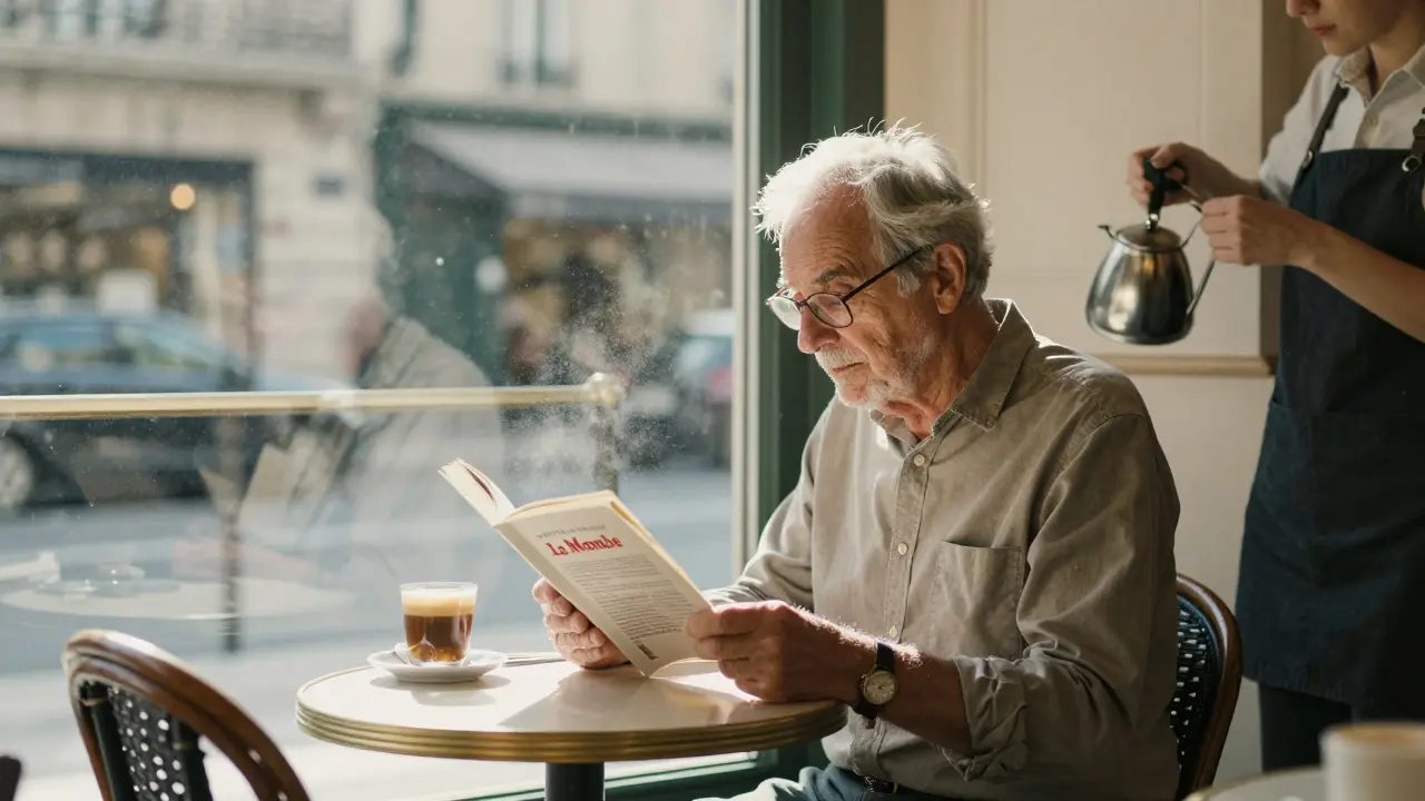 An elderly man reading the newspaper at a Paris café, sunlight filtering through the window.