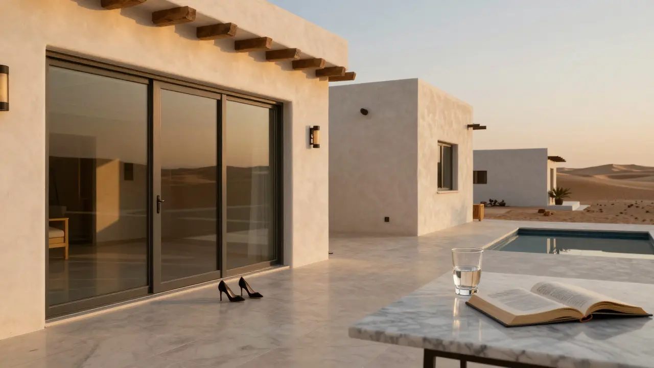 An empty desert villa at twilight, a single high heel beside a glass door, hinting at a private moment.