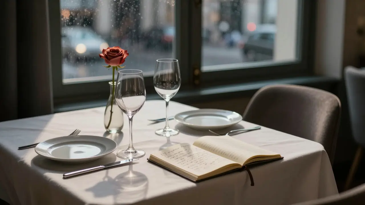 An empty dining table in Milan is set with wine and a rose, suggesting a quiet, unfulfilled meeting.