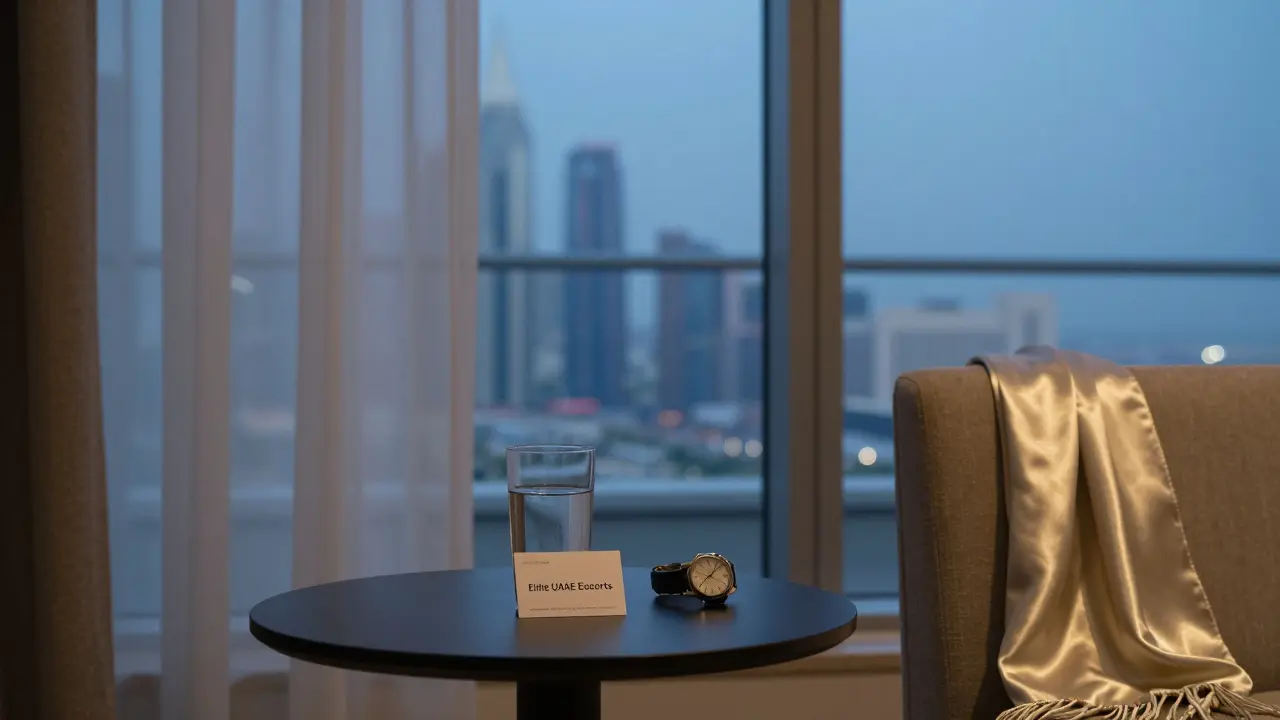 An empty five-star hotel room in Abu Dhabi with subtle signs of a recent escort visit: watch, glass, and scarf.