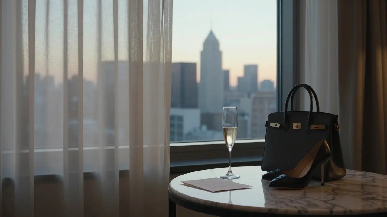 An empty luxury hotel suite at dawn, hinting at a memorable, respectful encounter.